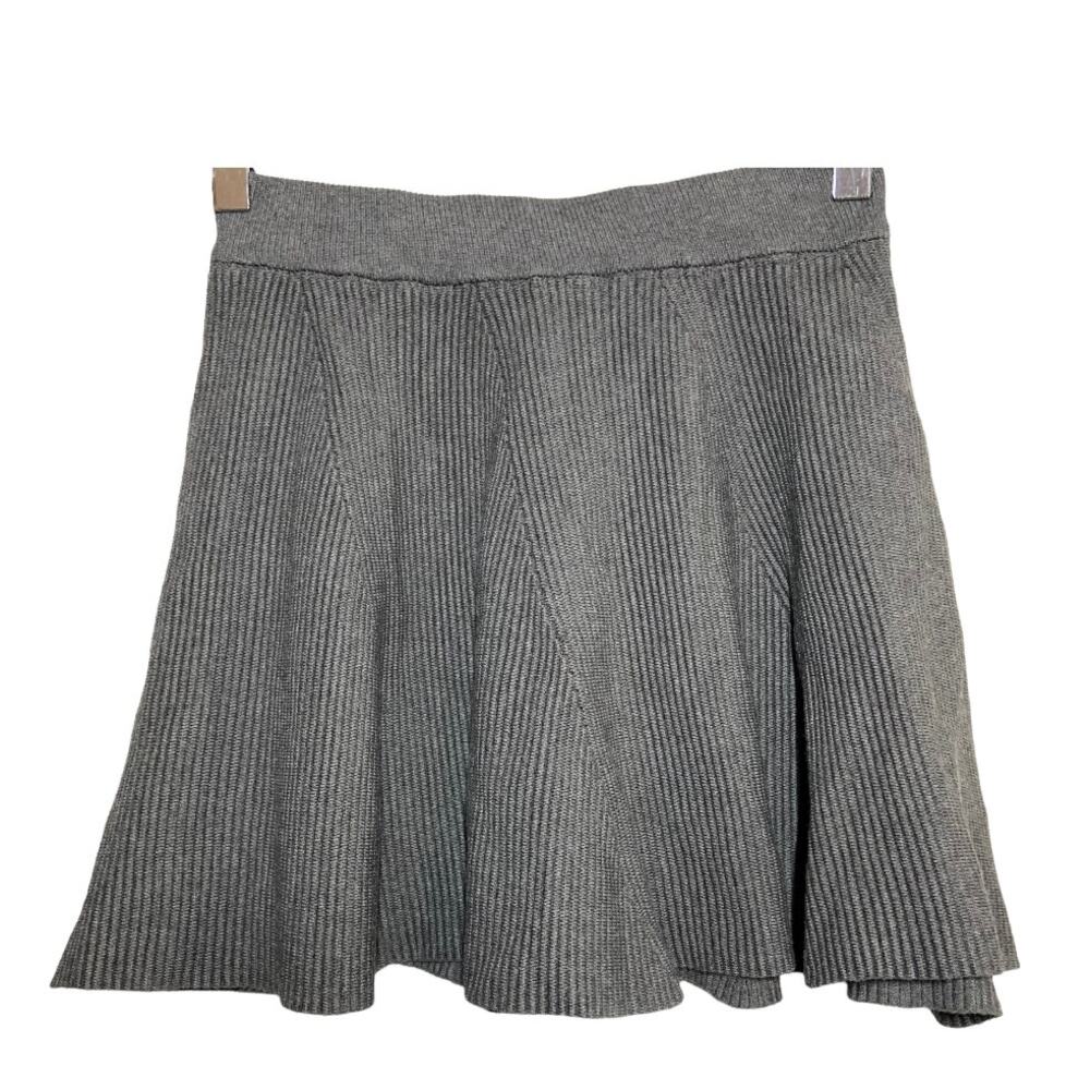 Ribbed Knit Skirt Flouncy A-Line Elastic Waist Pleat Lines Gray XS 23"
